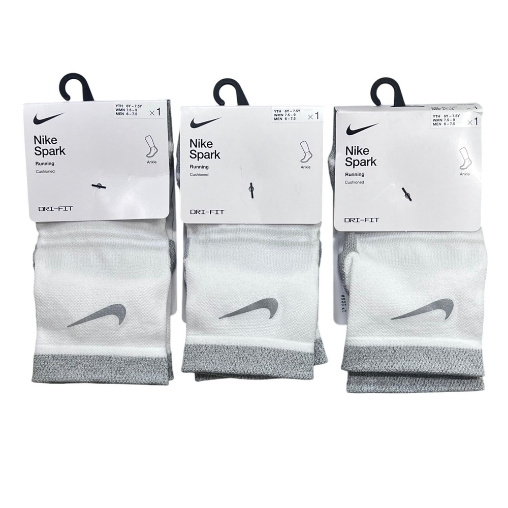 3 Nike Spark Running Ankle Socks White Grey Dri-FIT Cushioned M 6-7.5 W 7.5-9‎